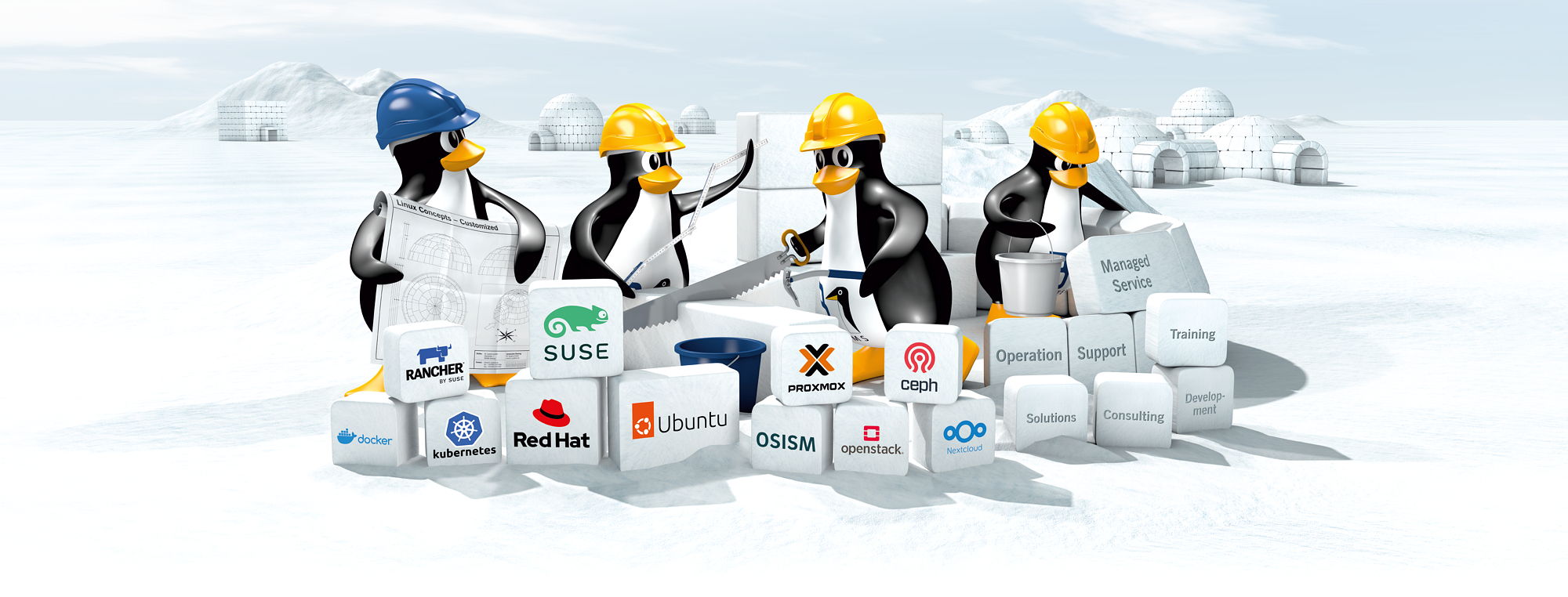 Vier im Cartoon Style gerenderte Pinguine mit diversen Werkzeugen und Bauarbeiterhelmen bauen aus einzelnen Eisblöcken ein Iglu auf. Logos von Open Source Technologien und Unternehmen sind auf den Eisblöcken abgebildet. Im Hintergrund stehen schon fertig aufgebaute Iglus in unterschiedlichen Formen und Größen.